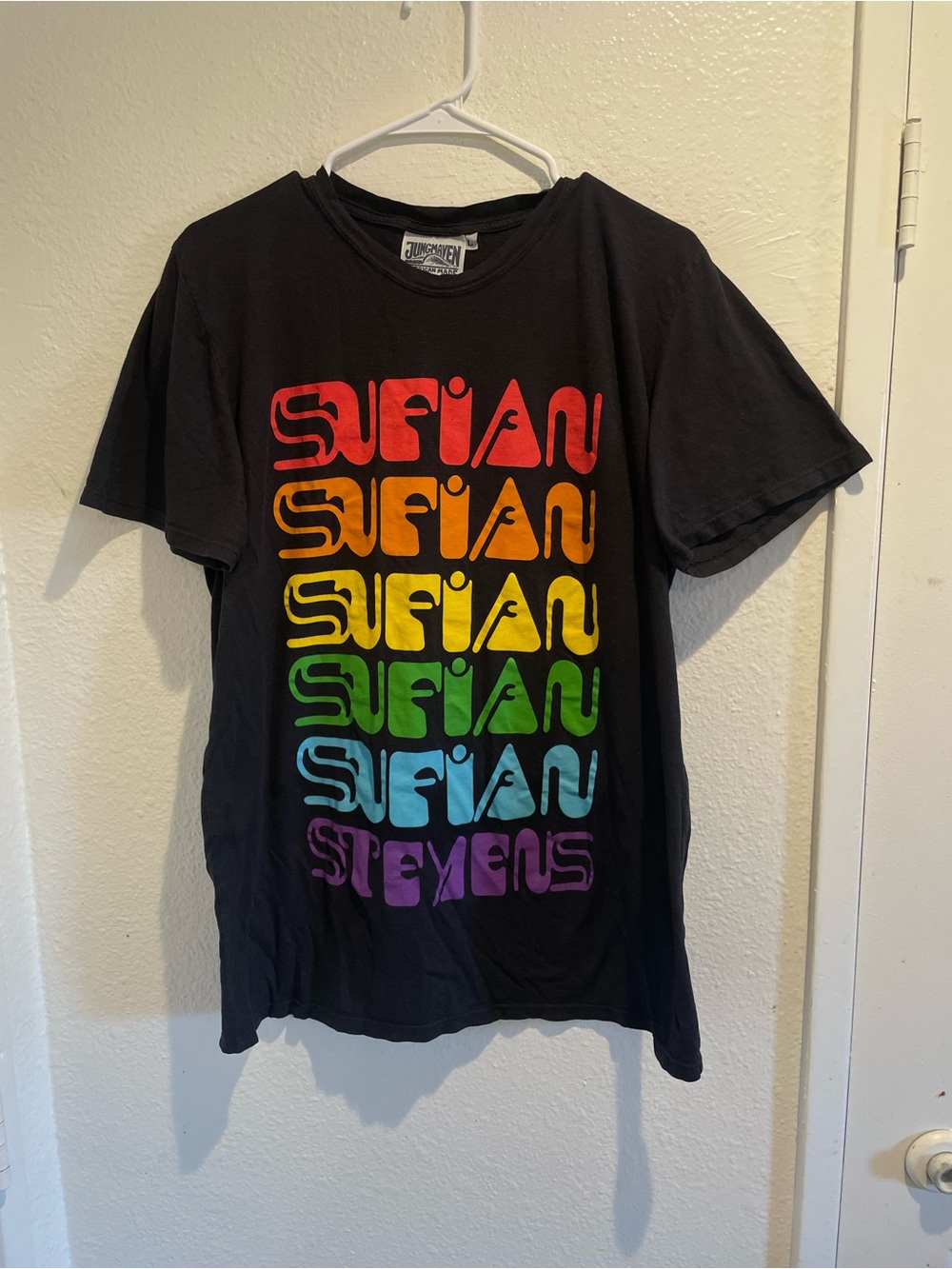 Jungmaven Sufjan Stevens Rainbow Stacked Name Black Hemp Blend Tee Men's L
